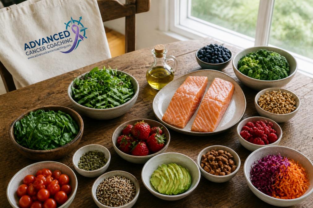 Infographic showing a personalized nutrition plan for cancer recovery using anti-inflammatory foods like salmon and berries.