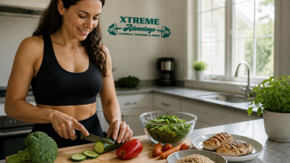 Person preparing a balanced meal at home with fresh vegetables, lean protein, and whole grains arranged on a wooden cutting board with natural morning light streaming through the window