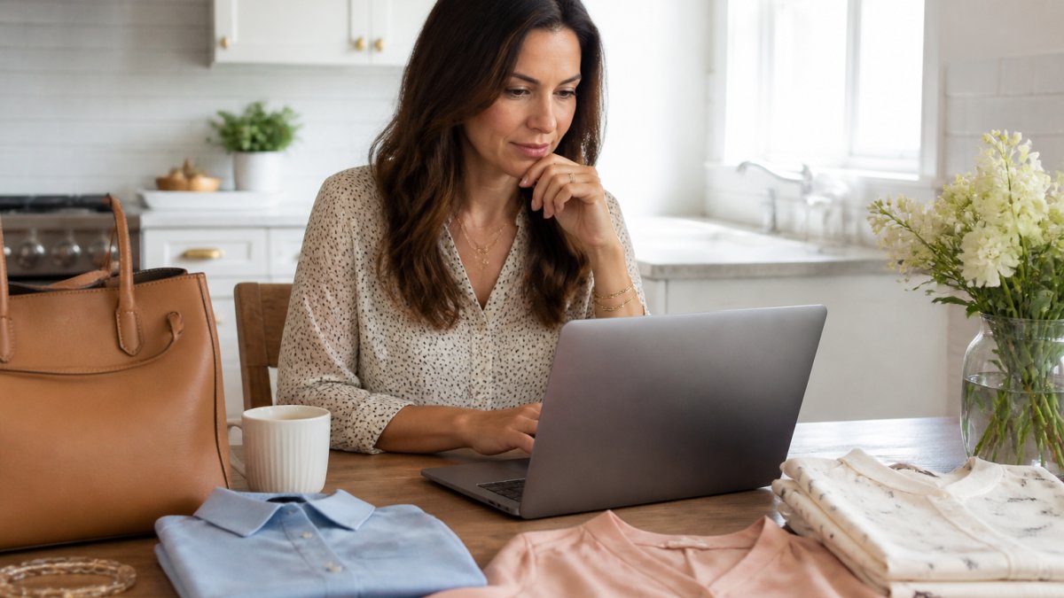 A woman in her thirties sitting at a bright kitchen table with a laptop open to a styling questionnaire, a few folded blouses and a handbag beside her, morning coffee nearby