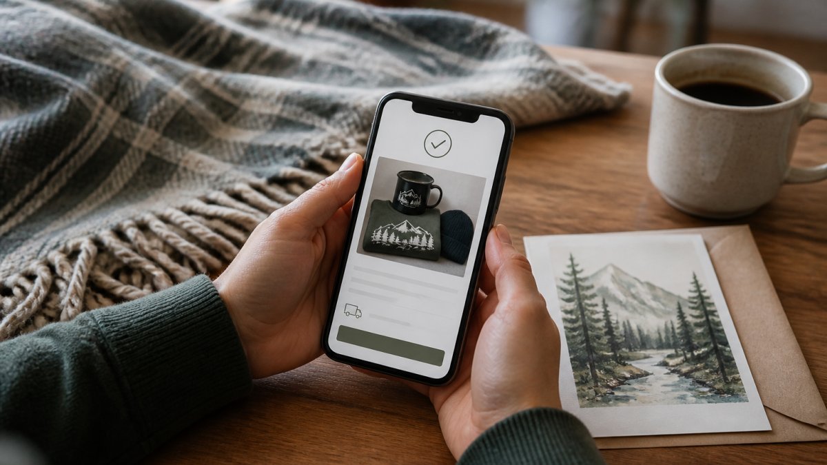 Hands holding a smartphone showing a personalized outdoor-themed gift order confirmation screen, with a cozy blanket and greeting card visible on a wooden table in a warm home setting