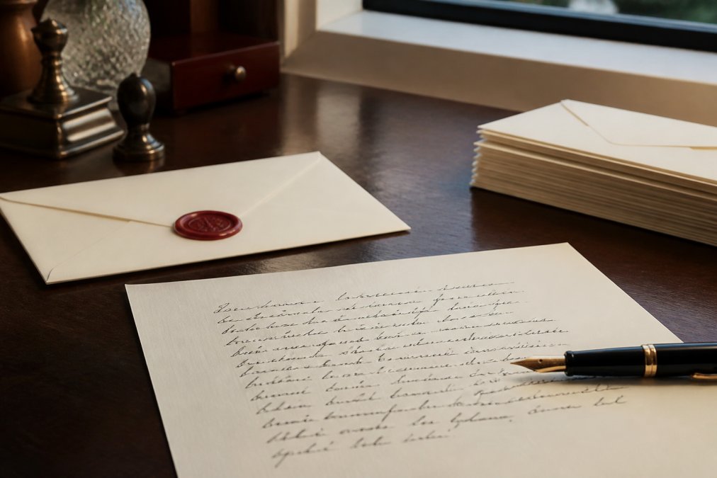 A close-up of a handwritten letter on thick cream stationery resting on a dark wooden desk beside a fountain pen and a wax-sealed envelope, with soft natural light from a window