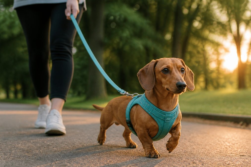 Small tan dachshund walking on a paved path wearing a teal custom harness with reflective stitching at sunset