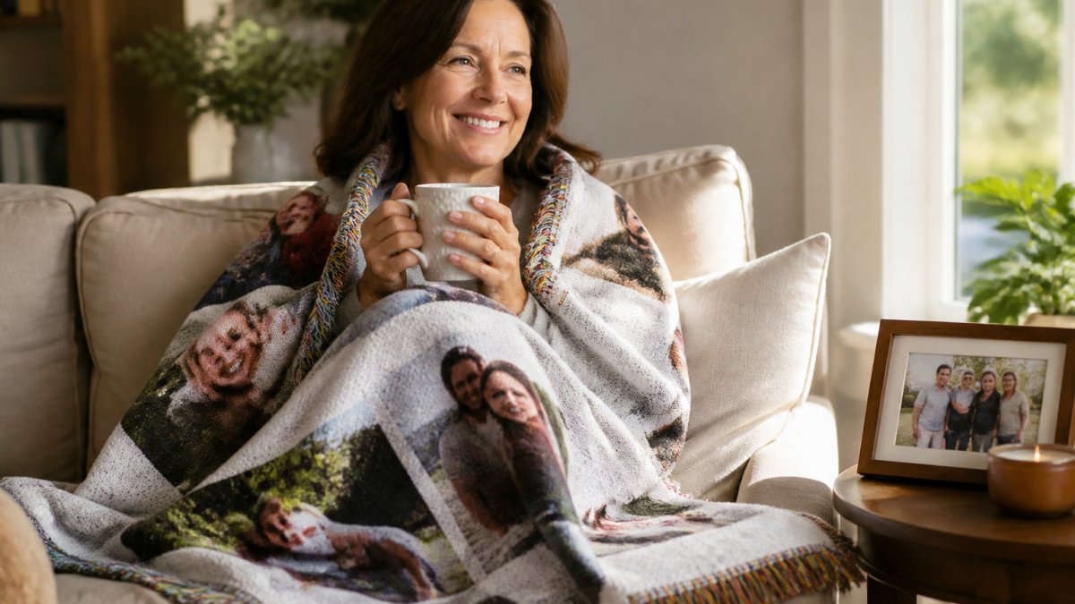 Smiling woman wrapped in a soft cotton photo blanket while relaxing in a sunlit living room with a warm mug