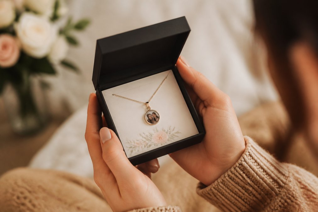 Close-up of a woman's hands holding an open jewelry gift box containing a delicate gold pendant necklace resting on a small printed message card, soft warm indoor lighting, blurred background