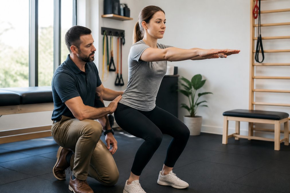 Physical therapist performing functional movement assessment with patient, guiding them through a series of controlled movements while analyzing posture and mechanics in a bright clinical setting