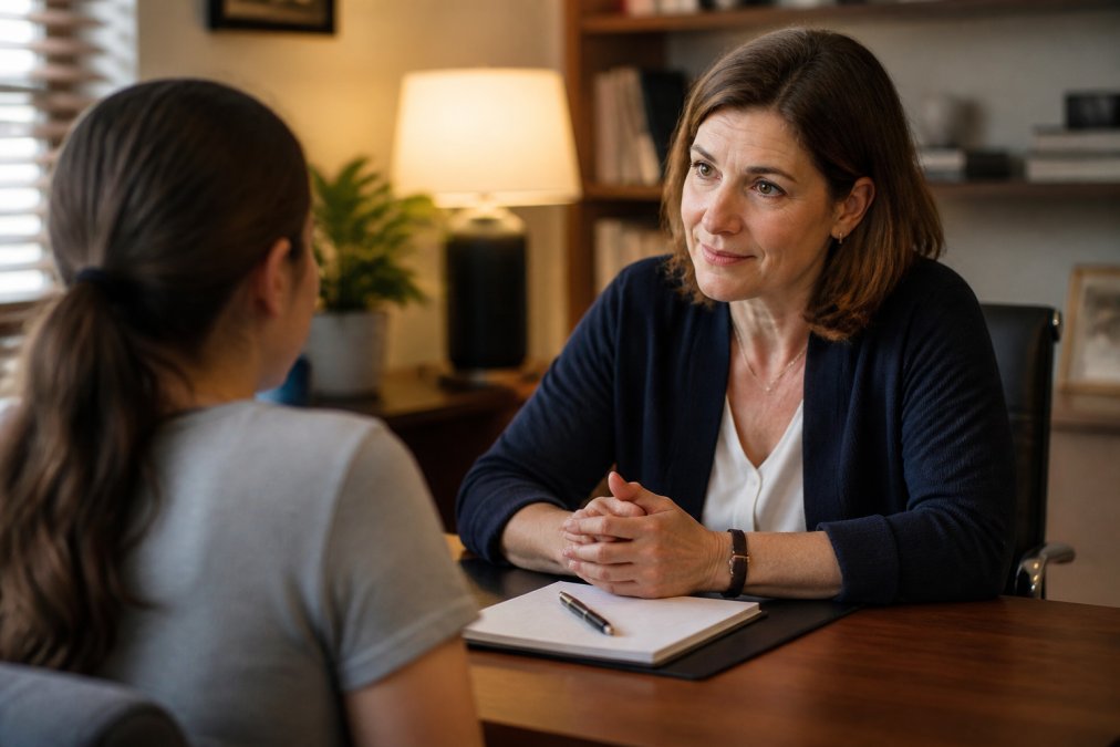 A psychiatrist sitting across from a patient in a calm, warmly lit office, leaning forward attentively while the patient speaks, with a notepad on the desk and soft lamp light creating a focused, individualized atmosphere