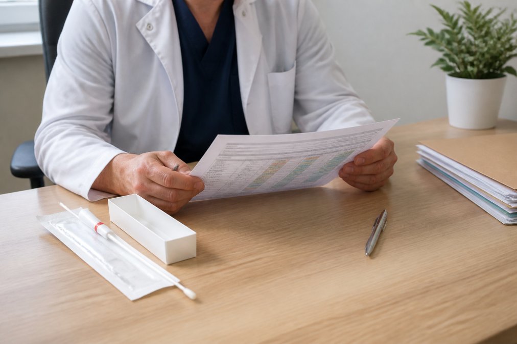 A healthcare professional in a white coat reviewing a printed pharmacogenomic report at a clean clinical desk, with a cheek swab sample kit and pen visible, under bright overhead lighting