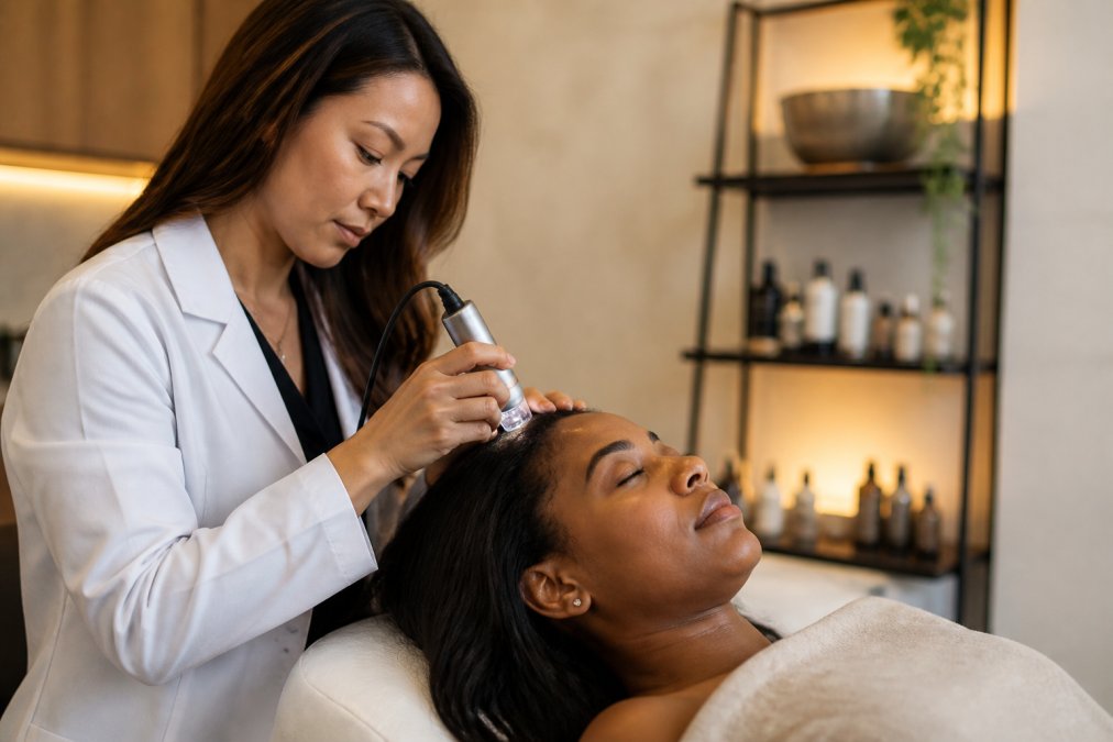 A trichologist in a white coat using a digital scalp microscope on a relaxed female client reclining in a calm, softly lit spa treatment room