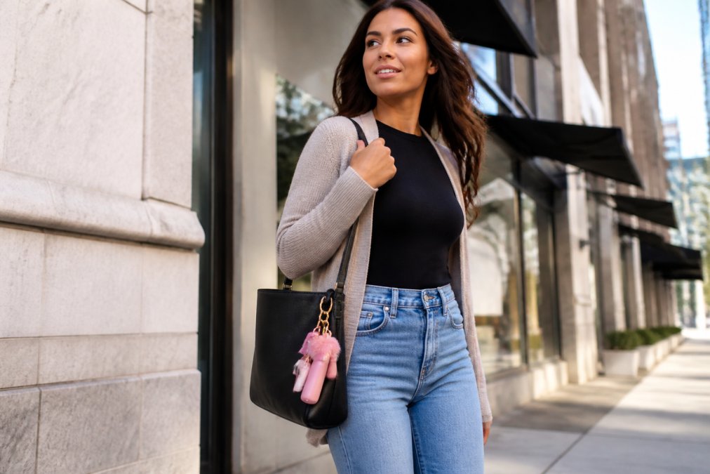 Young woman in an urban setting confidently walking with a personalized self-defense keychain attached to her bag, demonstrating everyday carry and situational awareness with natural city lighting