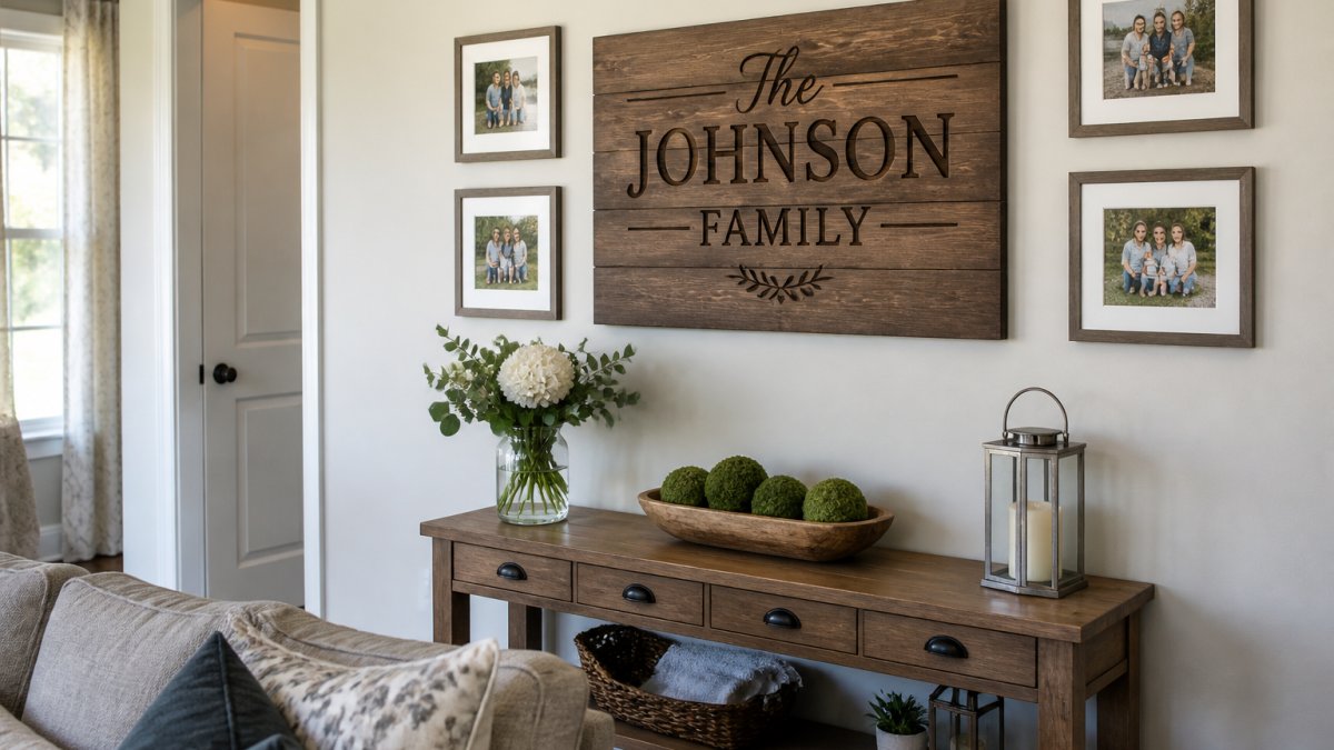Infographic showing ideas for placing personalized signage with family names in a cozy living room gallery wall.