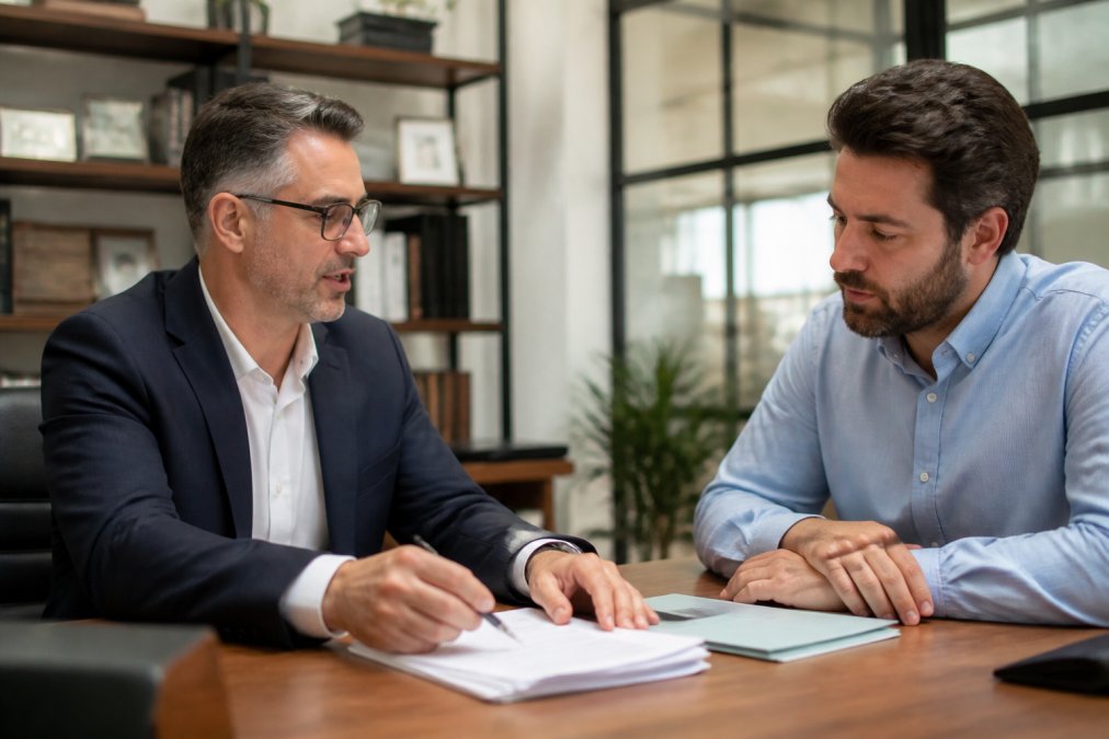 A financial advisor in a professional office setting reviewing documents with a small business owner across a desk, both engaged in focused conversation under warm overhead lighting