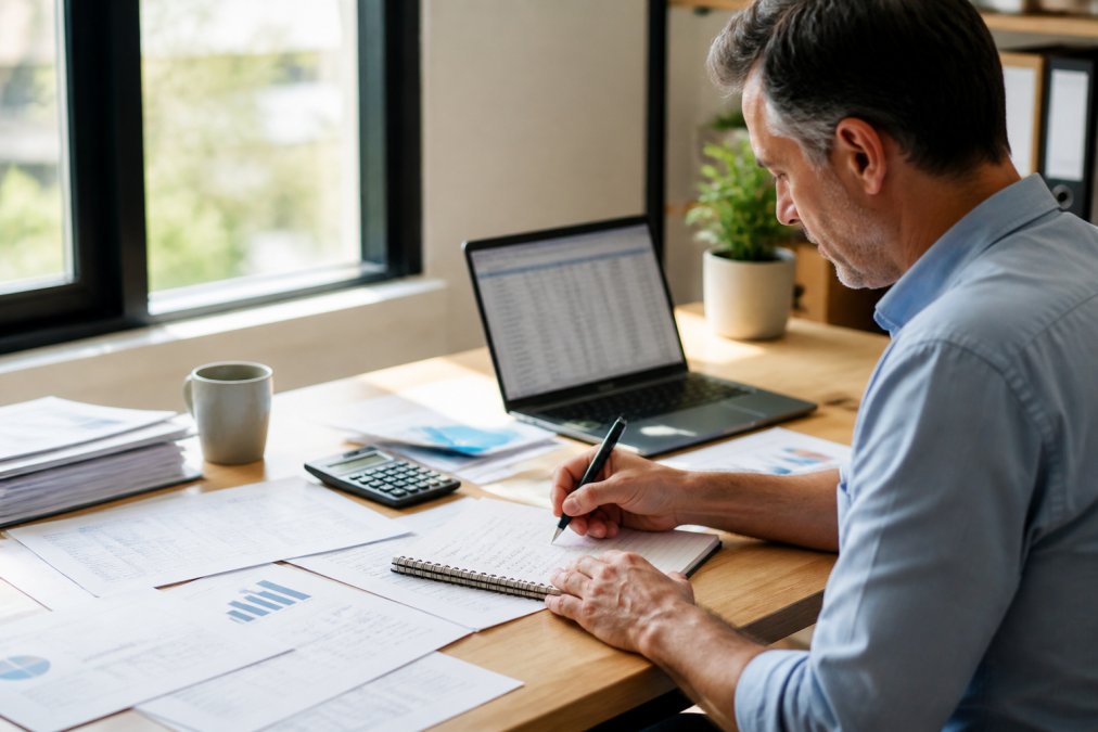 A small business owner at a desk with financial reports, a laptop open to a spreadsheet, and a notepad with handwritten cash flow notes in natural window light