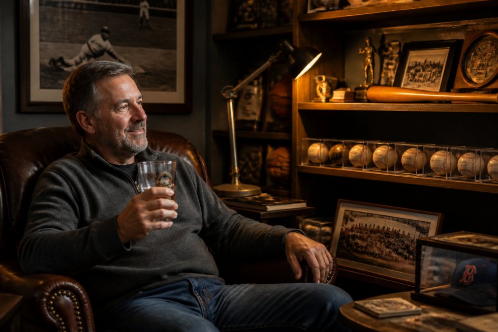 Dad relaxing in a comfortable chair in a man cave surrounded by vintage baseball memorabilia on shelves, holding a vintage mixing glass with a satisfied expression, warm lighting from a desk lamp illuminating collectible items on nearby wooden shelves