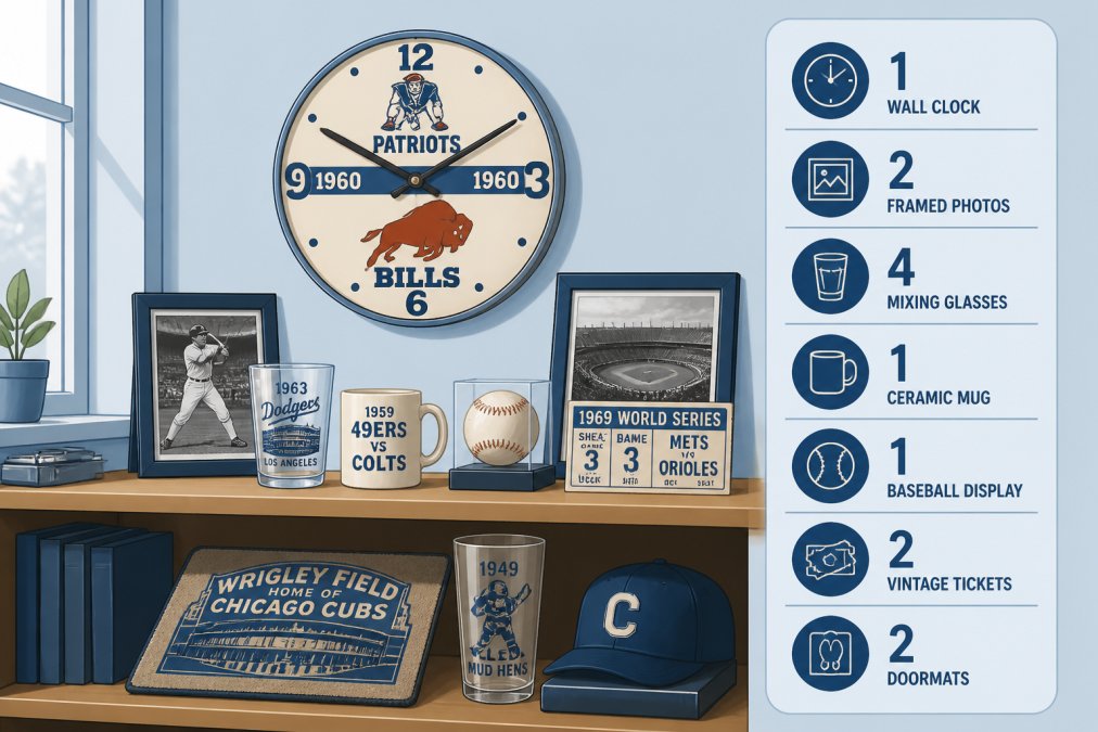 A vintage 1960 Patriots-Bills wall clock hanging above a wooden shelf displaying vintage baseball memorabilia, framed sports photos, and collectible items in a modern home office with warm natural lighting from a window