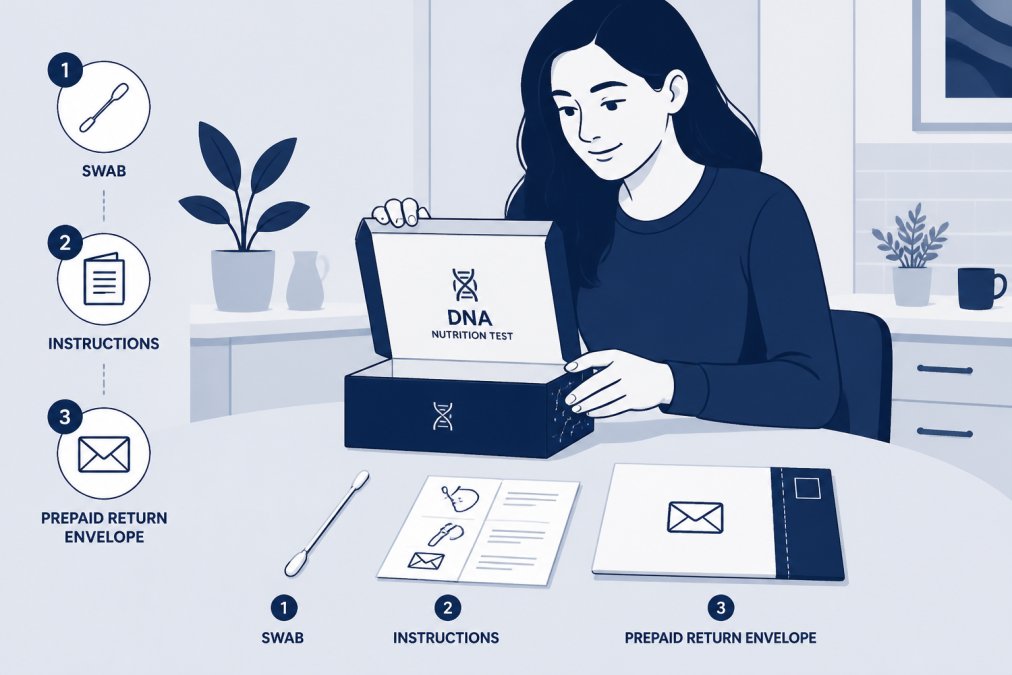 Person sitting at a kitchen table opening an at-home DNA test kit, with a small collection swab, instruction leaflet, and prepaid return envelope laid out neatly in front of them