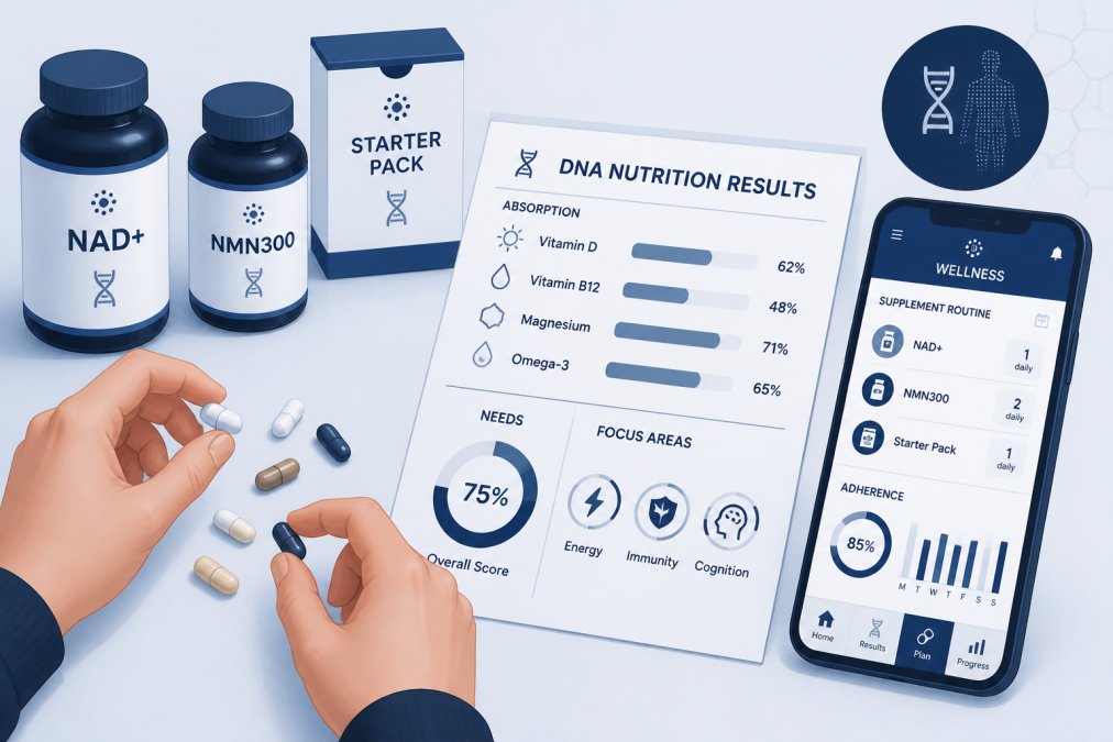 Close-up of a person's hands arranging several supplement capsules and bottles on a white surface next to a printed health report and a smartphone showing a wellness app