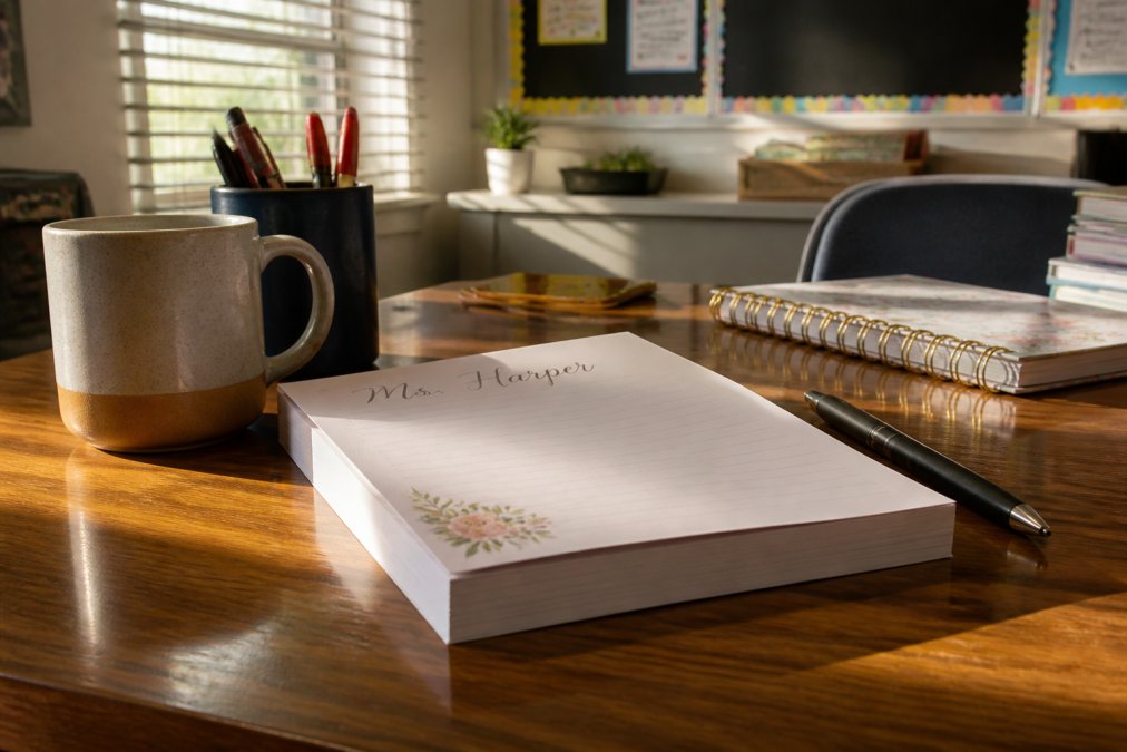 Infographic showing the personalization process for custom teacher stationery and notepads on a desk