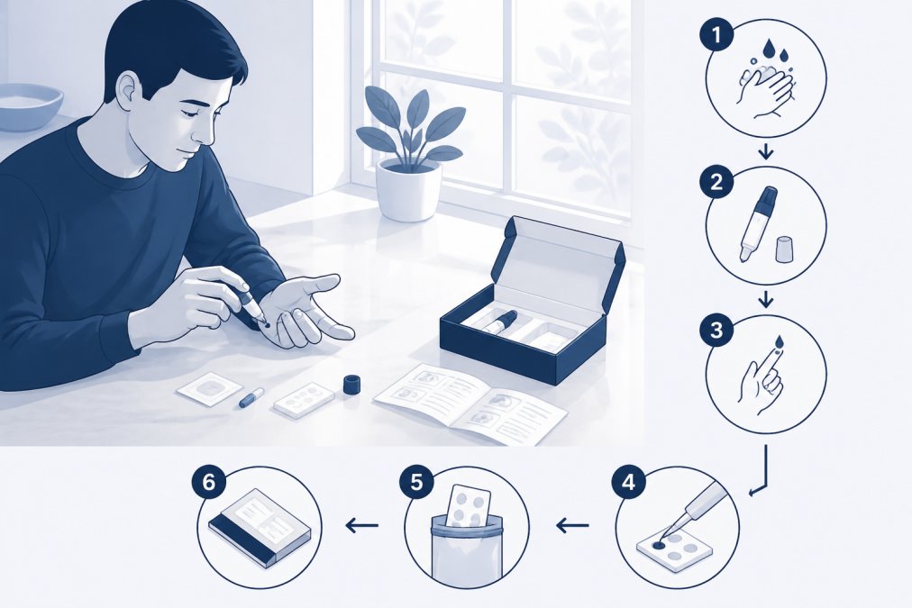 Person at home collecting a fingerprick blood sample using a simple kit with clear natural lighting from a window, showing the straightforward collection process on a clean countertop