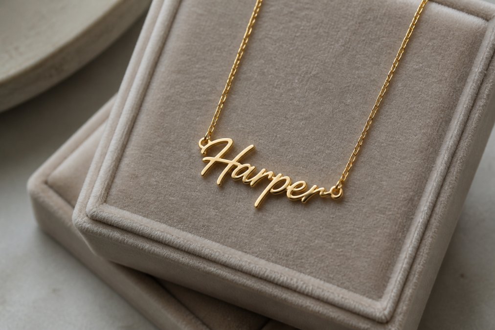 Close-up of an elegant personalized name necklace displayed on a soft luxury gift box with natural lighting, showing the detail and craftsmanship