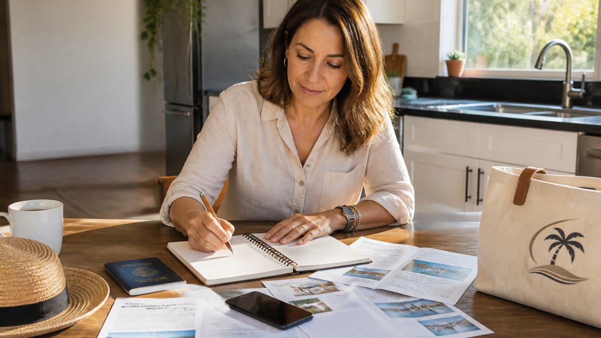 A woman in her mid-forties sitting at a wooden kitchen table with a notebook, passport, smartphone, and printed itinerary pages spread out, planning a trip in soft morning light