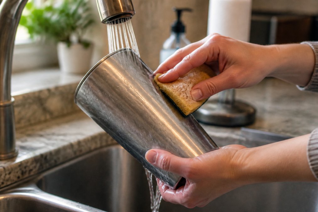 Hands gently washing a decorated personalized tumbler with a soft sponge under a kitchen faucet