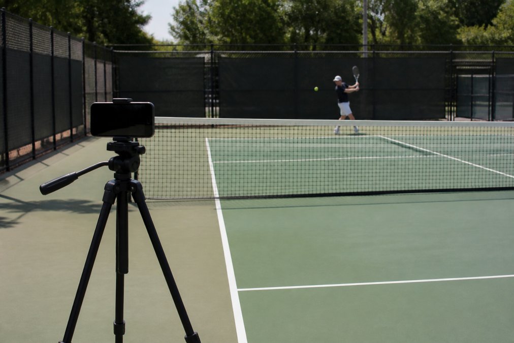 A smartphone mounted on a tripod at the side of a tennis court, positioned at net height perpendicular to the baseline, with a tennis player visible mid-swing in the background, natural afternoon sunlight casting shadows on the court