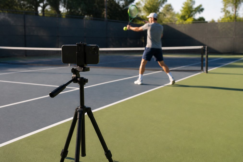 Step-by-step visual guide for tennis and court and smartphone concepts for personalized video analysis tennis
