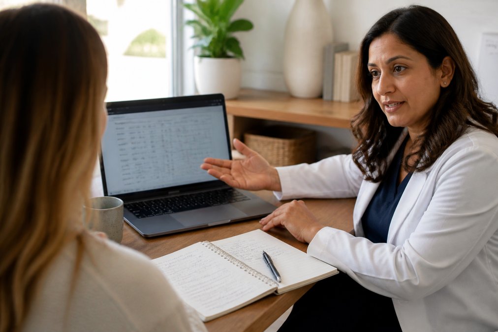 Healthcare provider conducting telehealth consultation reviewing hormone lab results on computer screen with patient, showing serum hormone level data and treatment notes in modern clinical setting with natural lighting
