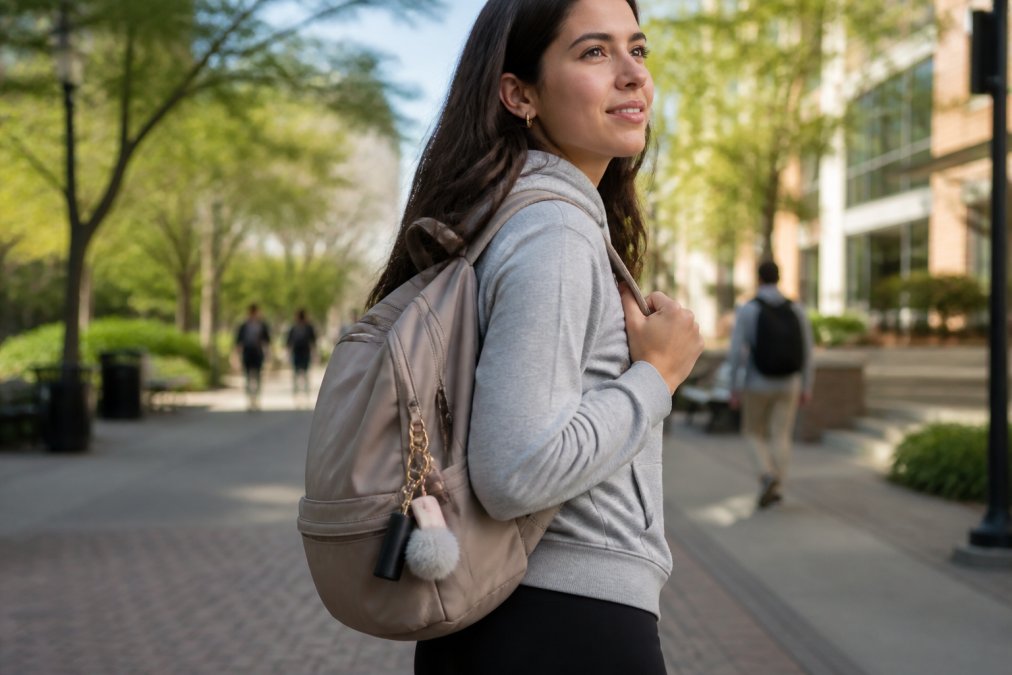 Young woman wearing a backpack with a personalized keychain accessory clipped to the outside, walking through an urban college campus street in daylight, showing how safety gear integrates into everyday fashion and professional style