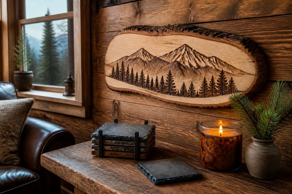 A cozy rustic cabin interior with a live edge wood art piece depicting mountain scenery hanging on a wooden wall, a table with slate and wood coasters nearby, and a pine-scented candle, with soft natural light filtering through a window