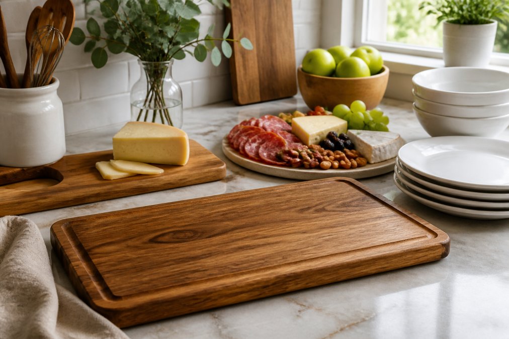 A beautifully styled kitchen counter with an engraved hardwood cutting board, a charcuterie spread with cheeses and cured meats, and elegant white dinnerware arranged for entertaining, warm natural light from a nearby window
