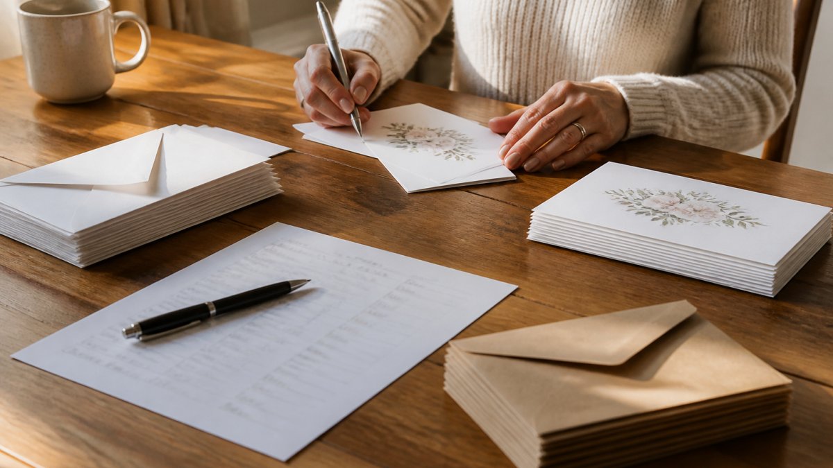 Hands addressing wedding thank-you cards on a wooden desk with a guest list, envelopes, and a cup of coffee.