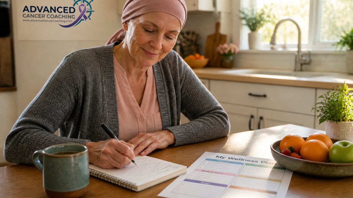 A cancer survivor sitting at a kitchen table with a notebook, pen, and a printed wellness plan template, writing goals while a cup of tea sits nearby in warm morning light