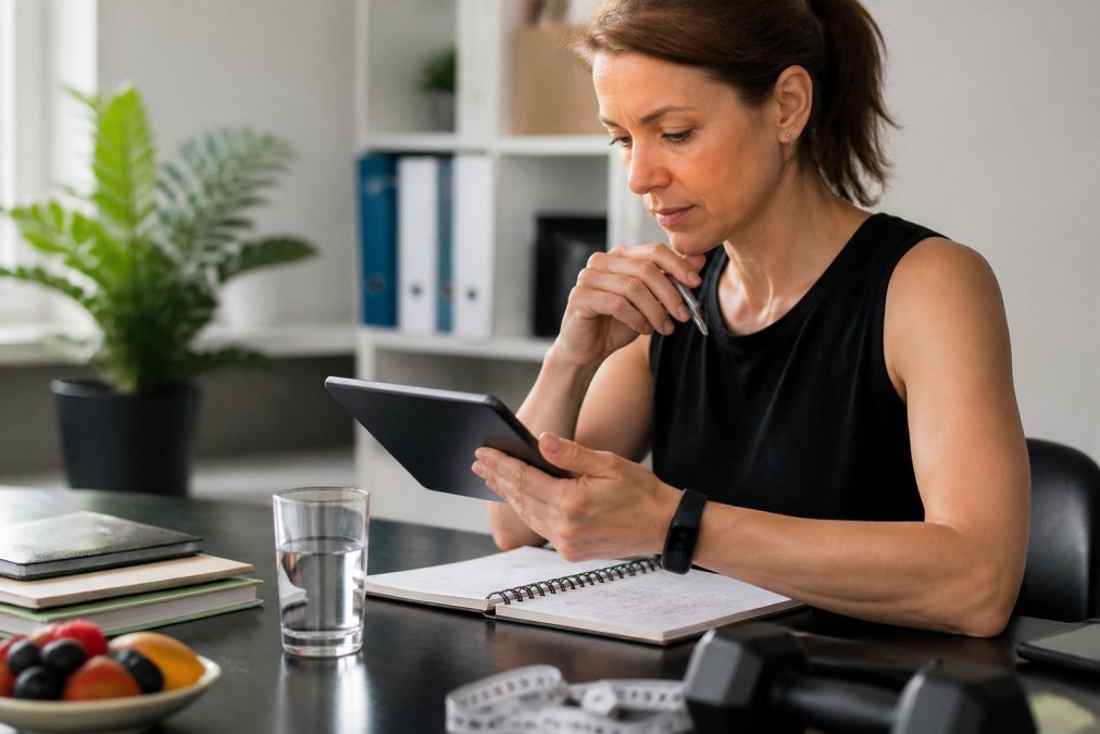 Professional woman at her desk reviewing wellness notes and biometric data on a tablet, with a fitness tracker visible on her wrist, bright office setting