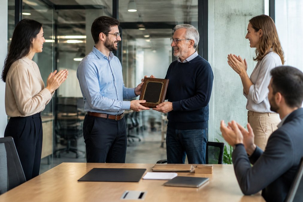 A small office gathering where a smiling manager hands an engraved plaque to a long-tenured employee while coworkers applaud in a bright conference room