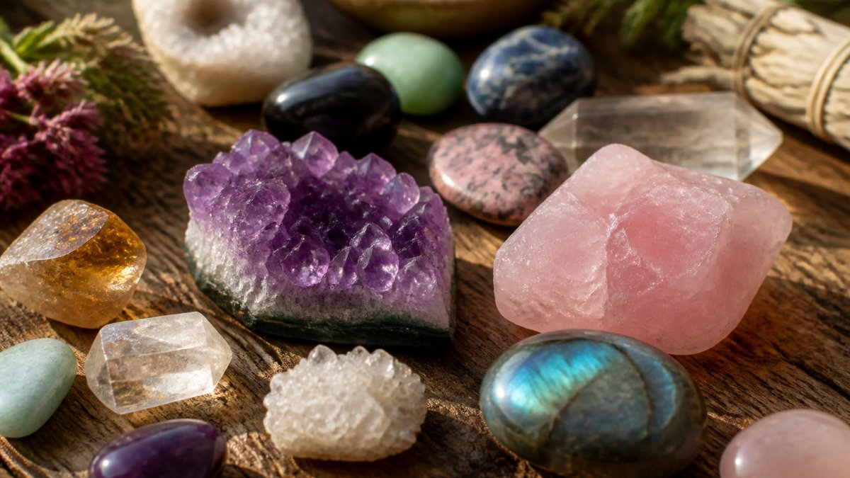 Diverse edelstenen zoals amethist en rooskwarts in warm daglicht op een natuurlijke ondergrond.