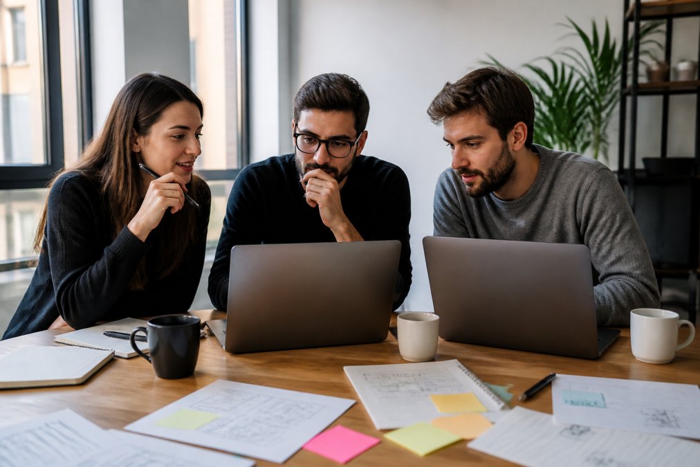 Equipo reducido de agencia revisando dos portátiles con paneles de embudos y CRM en una oficina luminosa, con notas manuscritas y tazas de café sobre la mesa de madera
