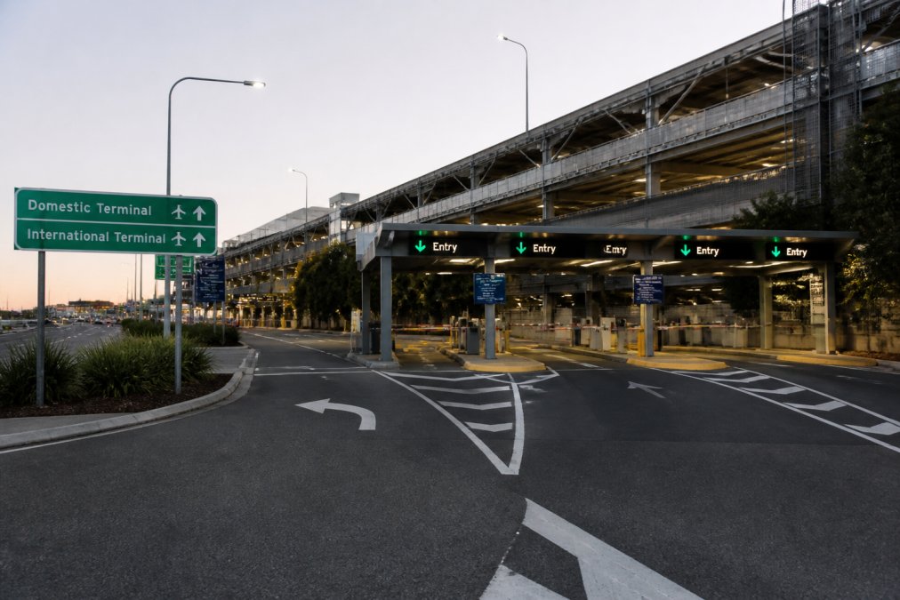 Ground-level view of a multi-level car park at a busy Australian airport, showing illuminated entry gate signage, painted lane markings on dark asphalt, and green directional signs pointing toward terminal precincts, photographed in early morning light