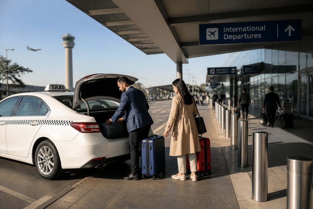 Taxi pulling up to Perth Airport terminal with passengers loading luggage into the boot, airport signage visible in background, morning light