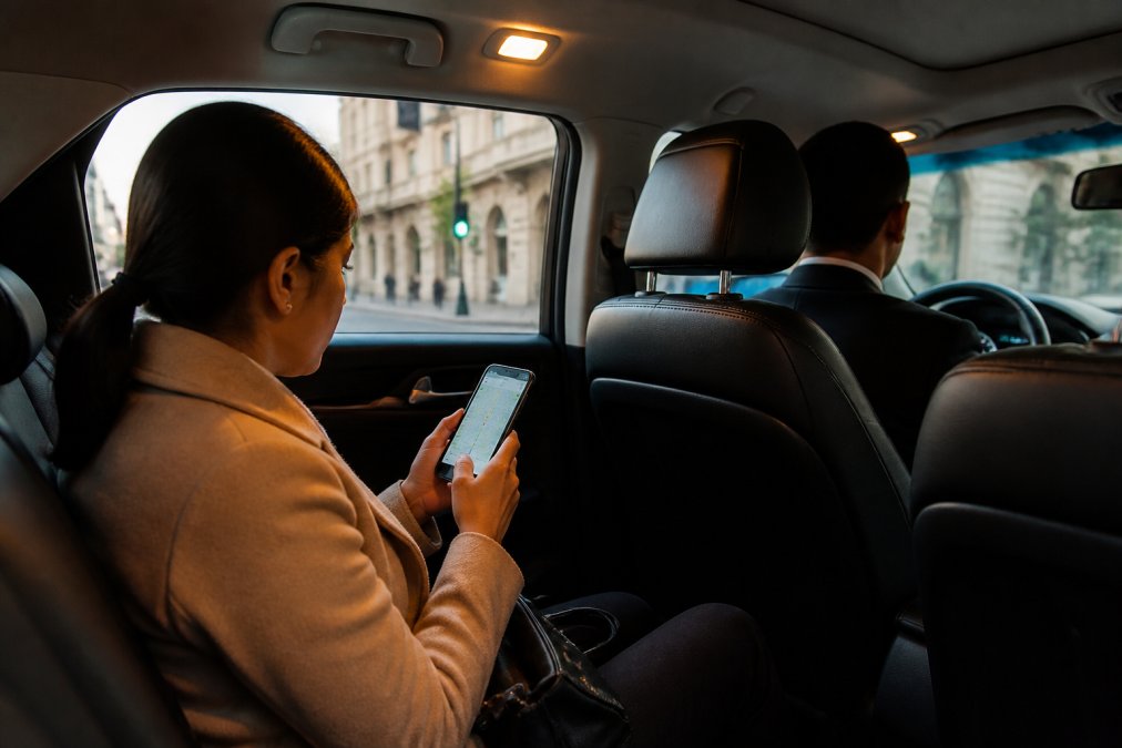 Passenger in back seat of taxi using mobile phone to book or track their ride, interior vehicle lighting, modern taxi cabin