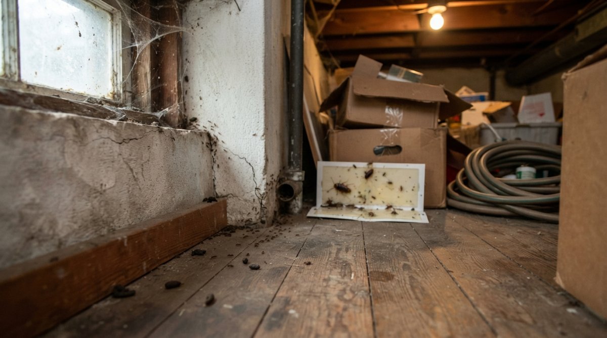 Close-up of a licensed technician inspecting a residential property interior, pointing to a corner where rodent droppings are visible near baseboards