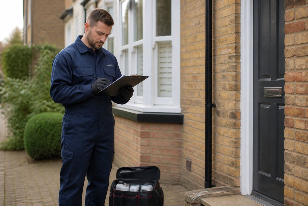 A pest control technician in a navy uniform reviewing a clipboard with certification documents, standing in natural daylight outside a brick residential property with a treatment kit at their feet
