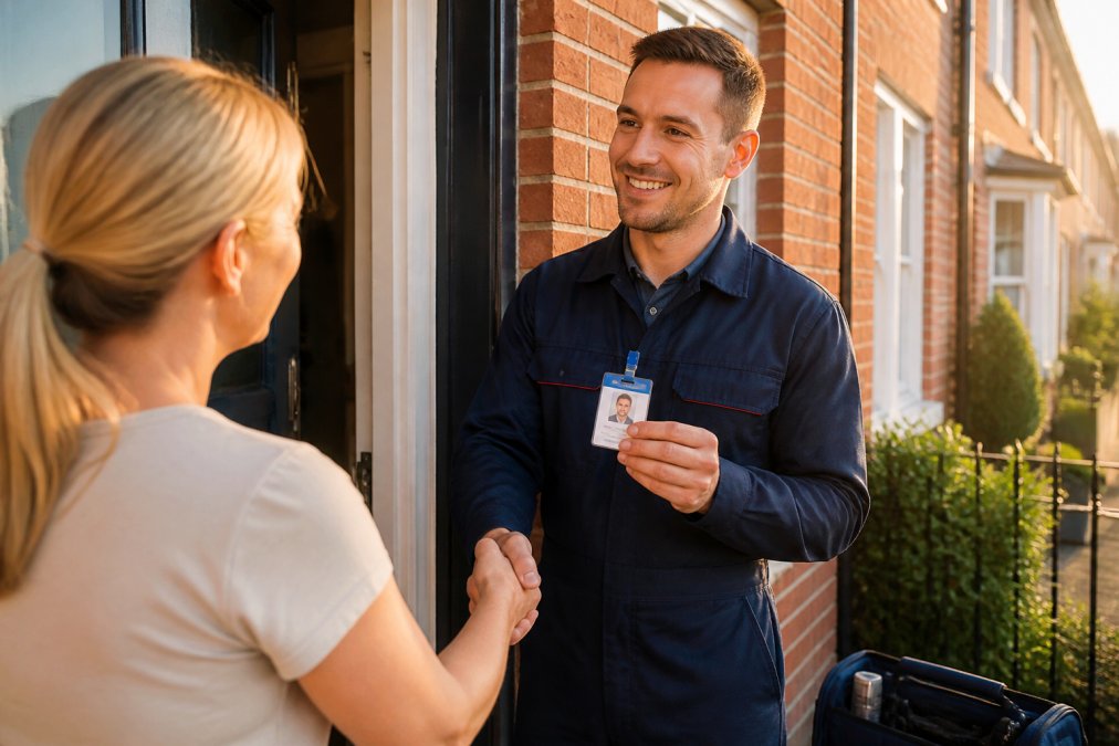 A homeowner at the open front door of a terraced house shaking hands with a pest control professional in uniform, the technician holding an identification card clearly visible in their other hand, warm afternoon light
