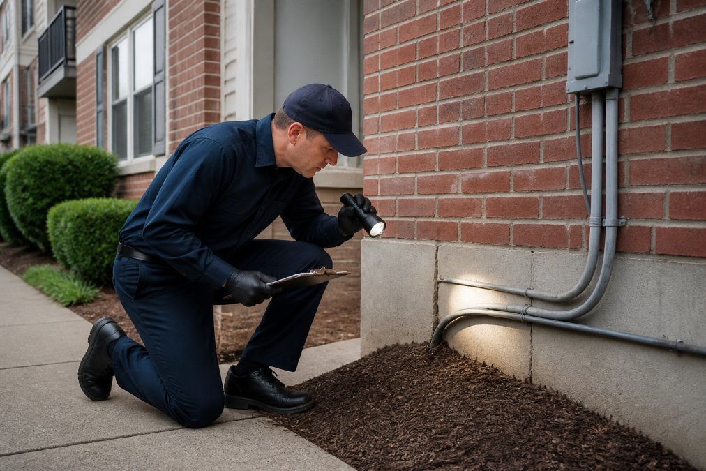 Pest control technician in uniform inspecting the exterior foundation and brick entry points of a multi-story residential building, examining gaps around utility lines and foundation cracks with a flashlight and clipboard