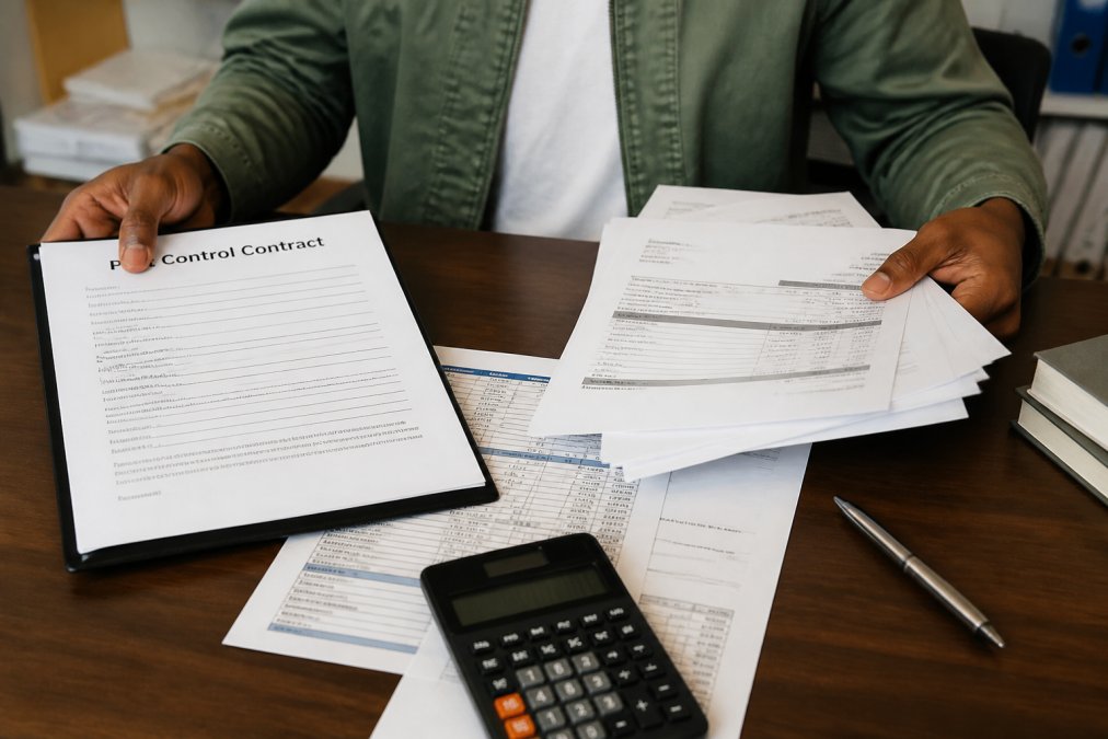 Landlord's hands holding pest control contract and on-demand service invoices over a desk with a calculator, spreadsheet printout, and pen in natural office lighting