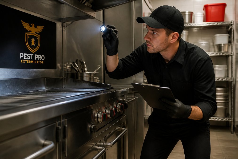 Technician performing pest control for commercial kitchens by inspecting equipment and storage areas.