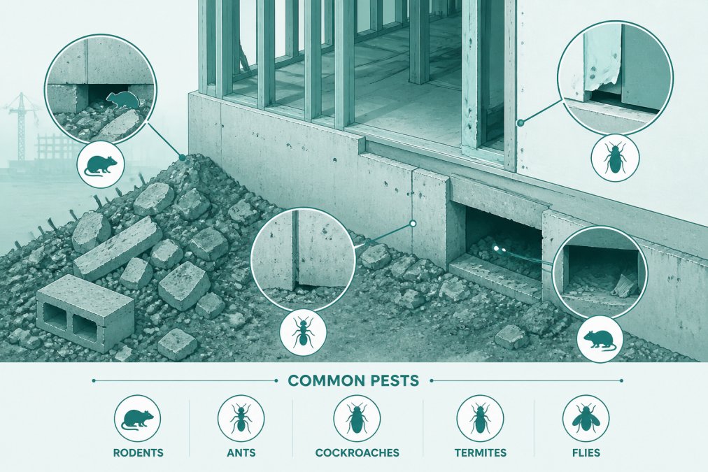 Close-up of construction site foundation showing exposed concrete, debris piles, and gaps in building envelope where rodents and insects could enter