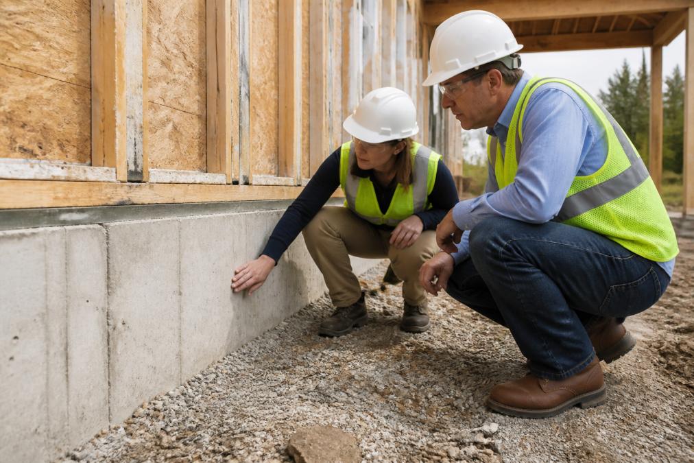 Construction site supervisor and licensed pest control technician in safety vests inspecting exterior foundation perimeter, checking for gaps and vulnerabilities in building envelope during daylight