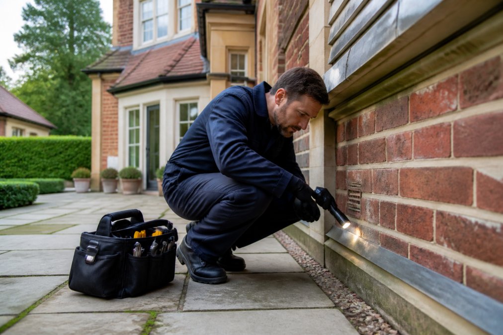 Professional pest control technician in uniform conducting detailed exterior inspection of large residential property, examining brick foundations and roof line with specialised equipment in natural daylight