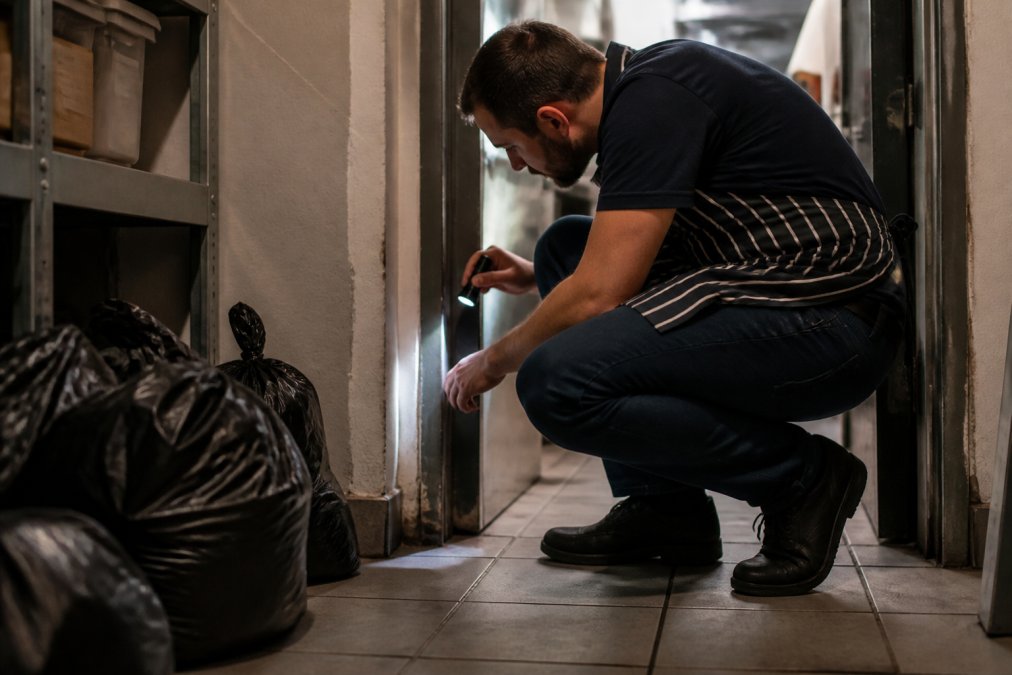 A cafe owner crouching by the back door of a small cafe kitchen, torch in hand, inspecting a gap between the door frame and wall near stacked bin bags and shelving
